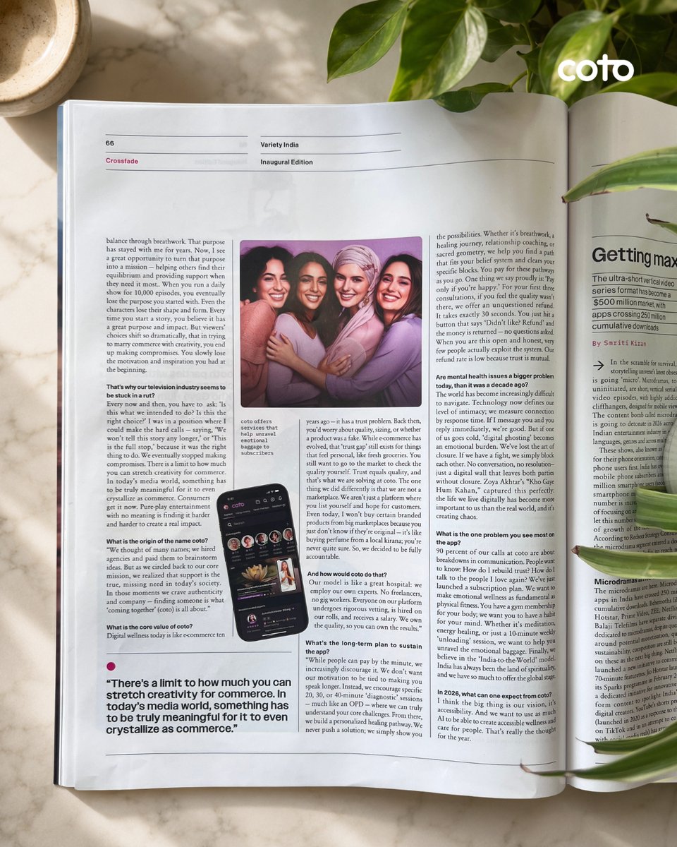 cotoapp's tweet photo. coto Founder @tarunkatial  is featured in @VarietyIndia! 

🌟 From ZEE5 to digital wellness, he’s building a "gym membership for the mind." 🧠

✨ Fully vetted experts 
✨ AI-driven healing 
✨ Accessible care
#AI #coto #MentalHealth https://t.co/Xd6pmlqqPi