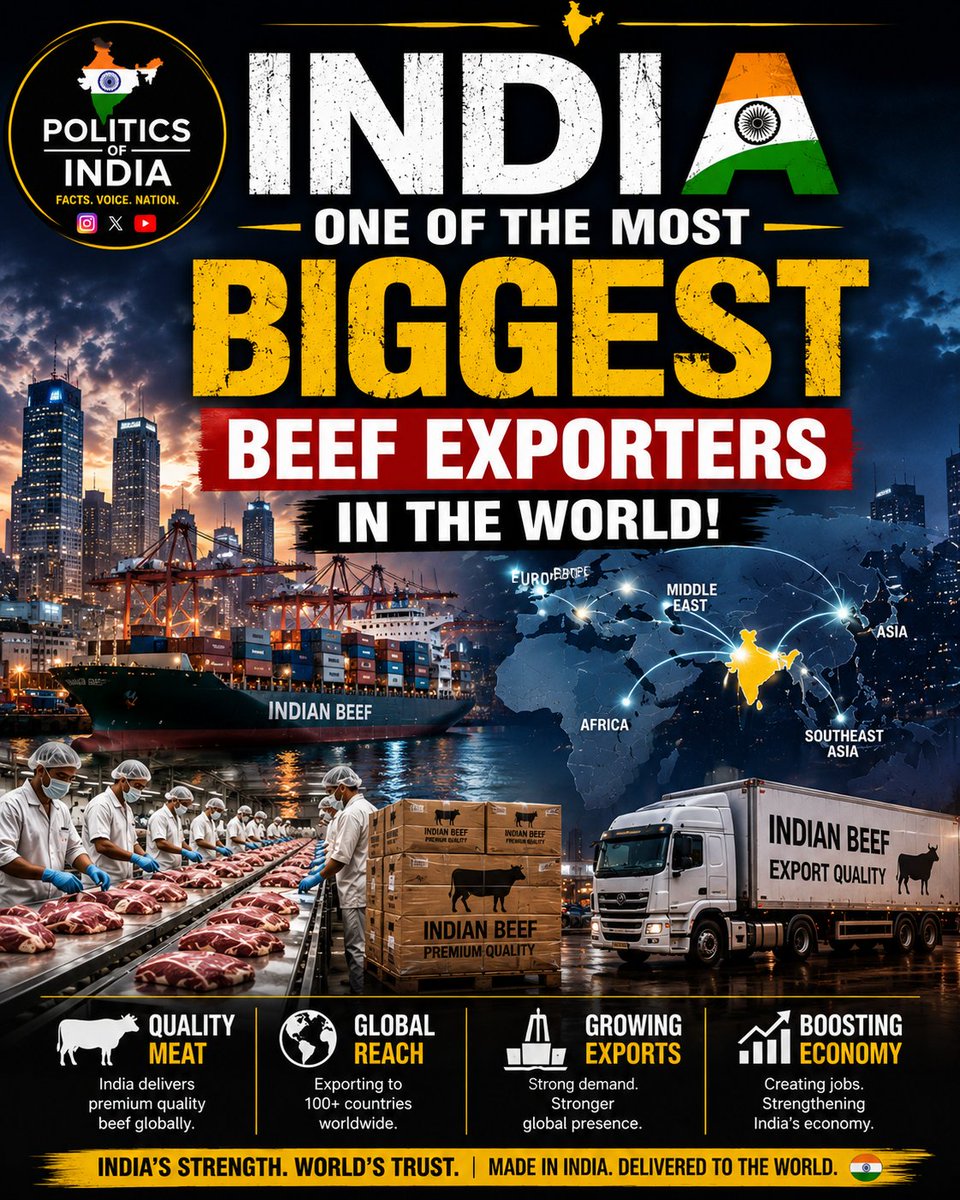 Politicofindia's tweet photo. India is among the world's leading buffalo meat exporters.

A fact that often surprises many.

Facts first. Opinions second.

What's your opinion?
#PoliticsOfIndia #India #CurrentAffairs #IndianPolitics #DidYouKnow #NewsUpdate #FactsMatter #IndiaNews #Geopolitics #Trending https://t.co/LranhVW0g8