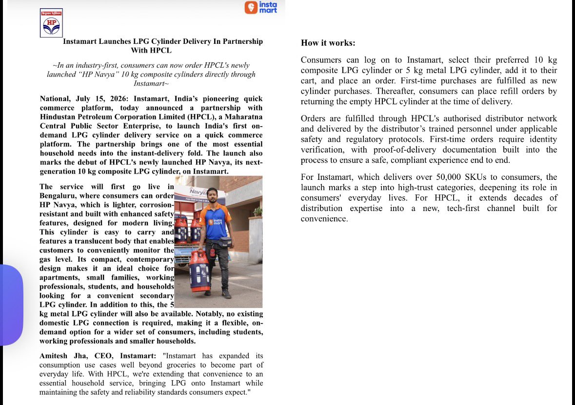 upadhyay_harsh1's tweet photo. Swiggy’s Instamart launches LPG cylinder delivery in partnership with HPCL

Interesting move https://t.co/u9F8GBr1iG
