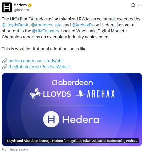 CryptoEducStan's tweet photo. Lloyds Banking Group and Aberdeen complete UK-first tokenized RWA collateral FX trades on Hedera via Archax, using money market fund units and gilts. Institutional tokenized assets gaining traction. hedera-hashgraph:native https://t.co/deIJZj0oKE