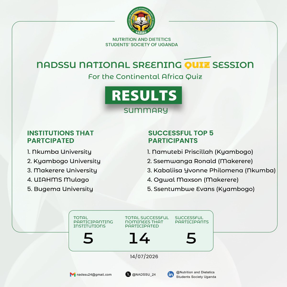NADSSU_24's tweet photo. Knowledge is a currency and those who prepare today will lead tomorrow.
15 participants stepped forward but only 5 earned their place at the Continental Africa Quiz.
Congratulations to our top performers.
The journey continues.
#NADSSU
#ContinentalAfricaQuiz https://t.co/6TRJngJ5xh