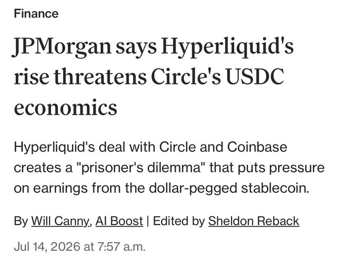CryptoEducStan's tweet photo. JPMorgan flags Hyperliquid’s rise as threat to Circle’s USDC economics amid Coinbase/Hyperliquid yield-sharing deal. Analysts see prisoner’s dilemma pressuring stablecoin earnings. High-stakes bet in play. hyperliquid:native ethereum:0xa0b86991c6218b36c1d19d4a2e9eb0ce3606eb48 https://t.co/Y8V8QU7mPK
