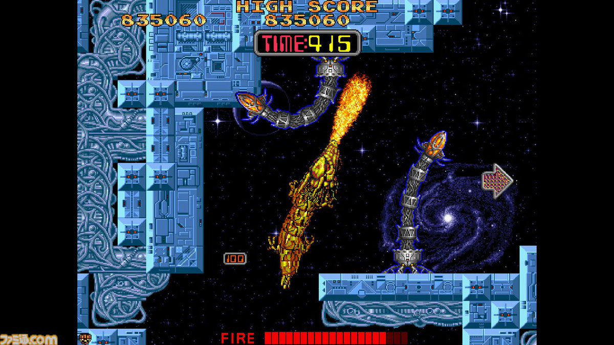 famitsu's tweet photo. 【アケアカ】『サイバリオン』が7/16に配信。1988年にタイトーから発売されたシューティングゲーム
https://t.co/TLo07mHgZ8

巨大な黄金の竜型メカ・サイバリオンを操作して複雑な迷路を進んでいく。プレイのたびにマップが変化するシステムが特徴で、100種類以上ものエンディングが存在する。 https://t.co/bzbGWIKqQp