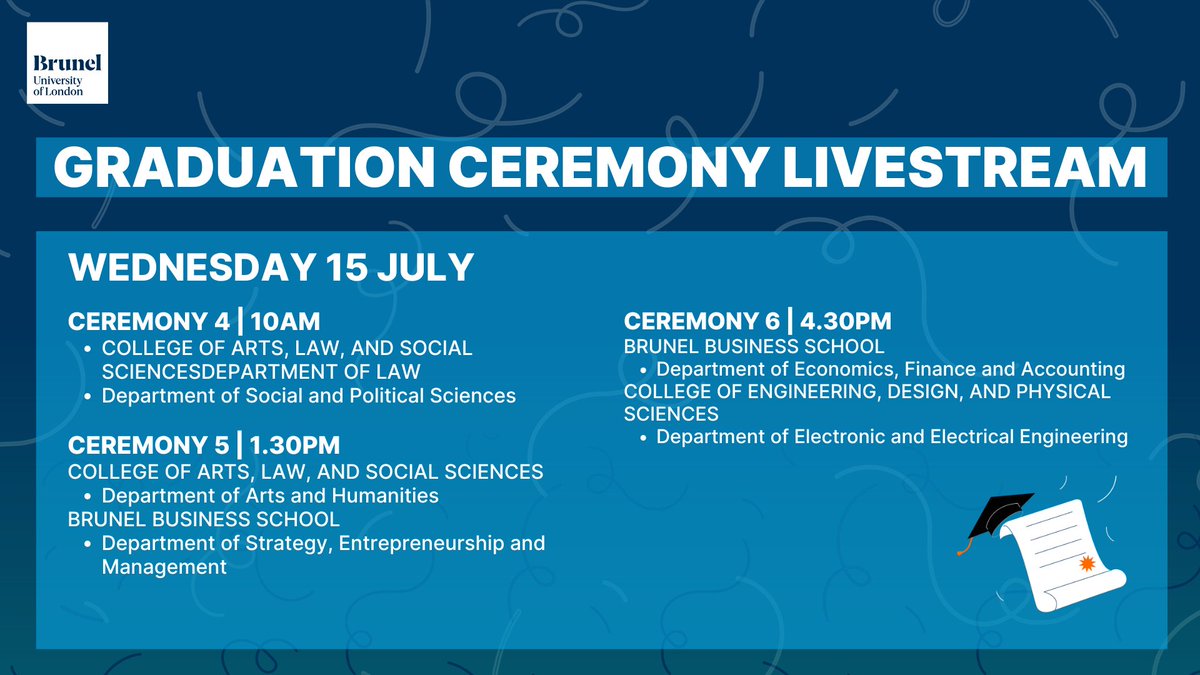 Bruneluni's tweet photo. 🎉 The celebrations continue! It’s Day 2 of our Summer Graduation and we’re ready to cheer on more incredible Brunel grads. Don’t miss a moment and watch the livestream and be part of the excitement, wherever you are!

📺 Tune in: https://t.co/aL4ASUF5CS
#bruneluniversity https://t.co/2MJO5pcyXG
