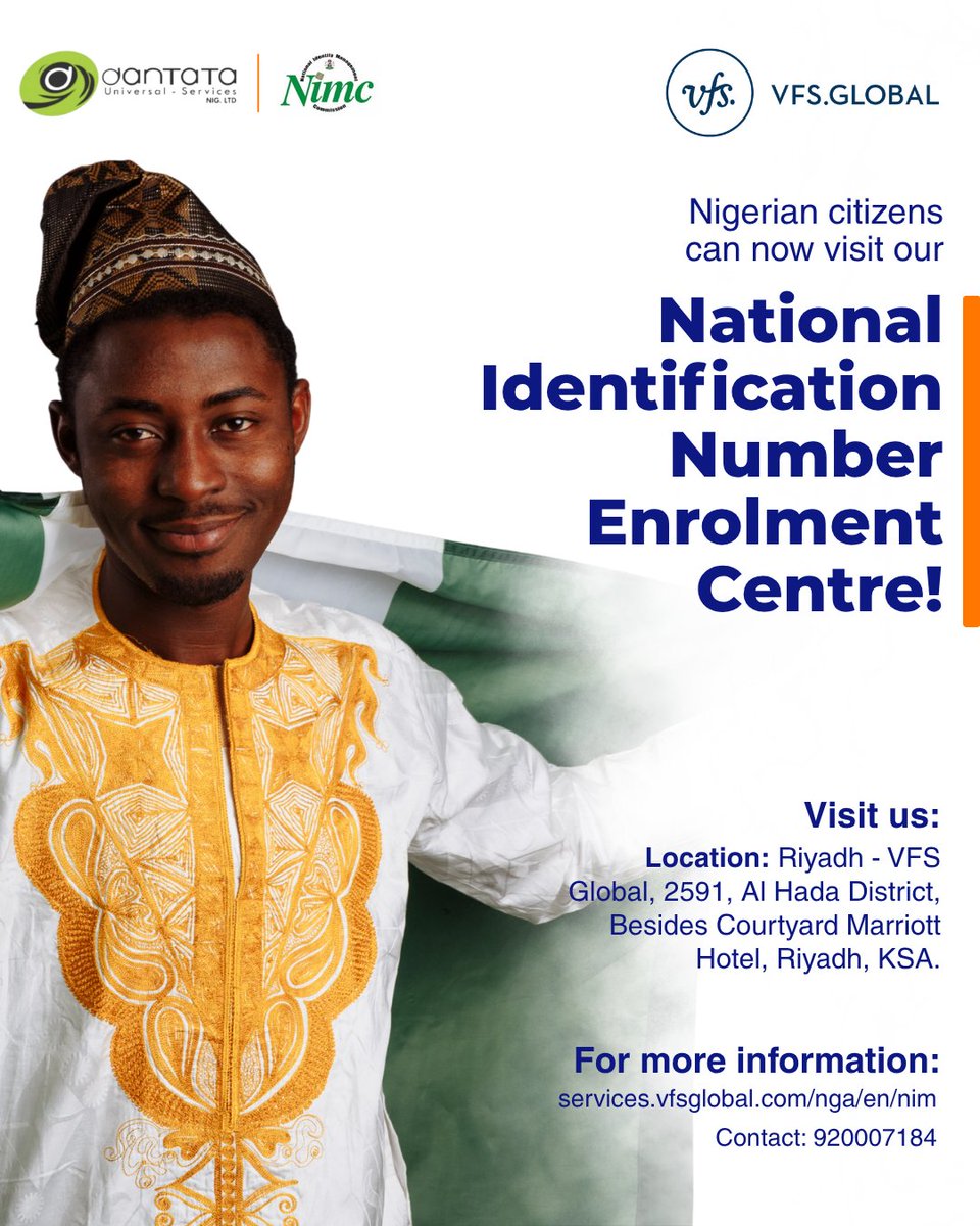 VFSGlobal's tweet photo. Nigerian citizens can now access National Identification Number (NIN) enrolment services at our centre in Riyadh, Kingdom of Saudi Arabia, through our partnership with DANTATA Universal and the National Identity Management Commission (NIMC).

For more information, visit: https://t.co/8ktMWK7e9X

#NIMC #NIN #Nigeria #NigerianDiaspora #VFSGlobal #SaudiArabia
