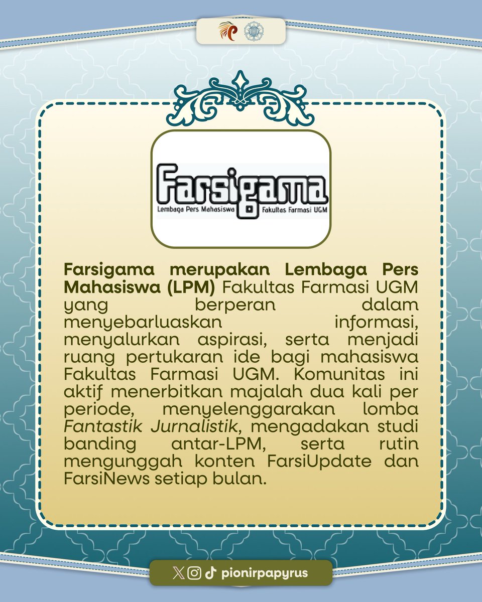 PionirPapyrus's tweet photo. Pantau terus berbagai rangkaian dan informasi selanjutnya melalui media sosial resmi kami 📌

📱 Official Account Pionir Papyrus
Instagram : @pionir.papyrus
X : @PionirPapyrus
TikTok : @pionirpapyrus
YouTube : Pionir Papyrus Farmasi UGM https://t.co/EeN1u1zVpz