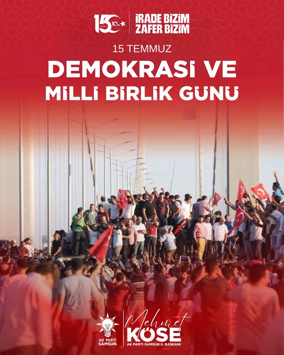 55akpartisamsun's tweet photo. İrade Bizim, Zafer Bizim! 🇹🇷

15 Temmuz; milletimizin vatanına, bayrağına ve demokrasisine canı pahasına sahip çıktığı, birlik ve beraberlik ruhunun tüm dünyaya gösterildiği şanlı bir direnişin adıdır.

Aziz şehitlerimizi rahmet ve minnetle, kahraman gazilerimizi saygı ve şükranla anıyor; milletimizin yazdığı bu destansı mücadeleyi aynı inanç ve kararlılıkla geleceğe taşımaya devam ediyoruz.

İrade Bizim, Zafer Bizim!
15 Temmuz Demokrasi ve Millî Birlik Günü kutlu olsun. 🇹🇷

#15Temmuz