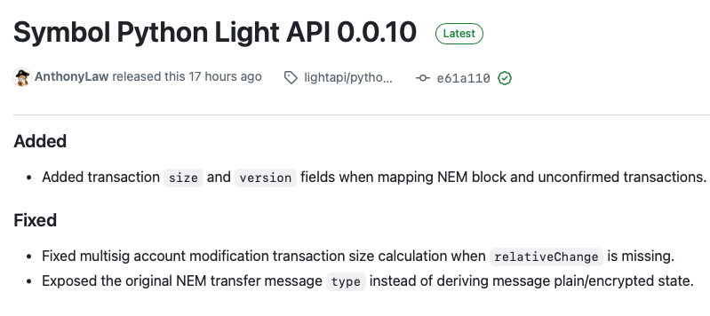 YutopianF's tweet photo. NEMに関してもまだアップデートがあって驚きです‼️

Symbol Python Light API v0.0.10 がリリースされました🎉

今回の更新内容は、

✅ NEMトランザクションの size と version を取得可能に

✅ マルチシグ変更トランザクションのサイズ計算を修正

✅ メッセージタイプの扱いをより正確に改善

これらは価格に直結するアップデートではありませんし目立たないですが、こうした改善が開発しやすい環境を少しずつ作っていくと思っています。