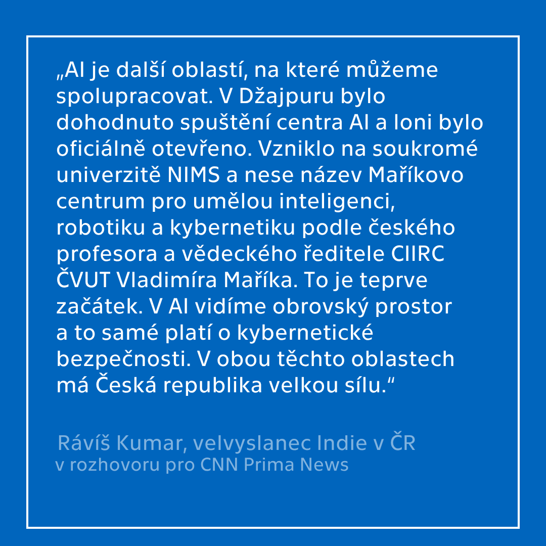 CIIRCCTU's tweet photo. 🇮🇳🇨🇿 O dohodě o volném obchodu mezi EU a Indií povídal indický velvyslanec Rávíš Kumar pro @CNNPrima a v rozhovoru zmínil i CIIRC. 

V Indii už máme Maříkovo centrum MICARC. Dohoda nám otevře další dveře. 

Rozhovor najdete na 👉 https://t.co/mWKvMlA1Lu https://t.co/JT20qYH9Q5
