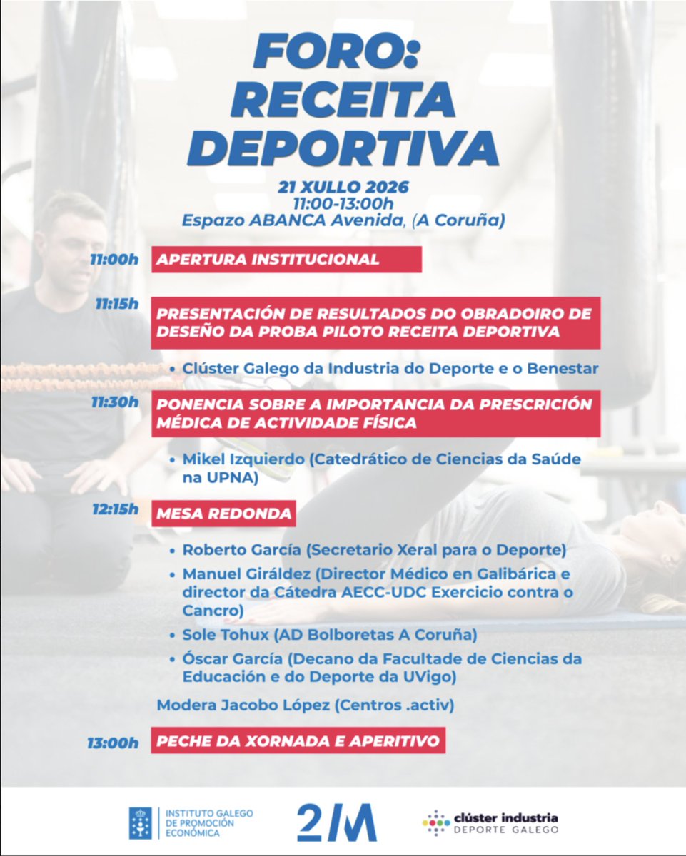 COMC_Oficial's tweet photo. Foro #ReceitaDeportiva, organizado por el Clúster Galego da Industria do Deporte e o Benestar, sobre la prescripción de ejercicio físico y con ponencia de Mikel Izquierdo y mesa redonda con expertos del ámbito sanitario y deportivo.
🎟️Inscripción gratuita: https://t.co/OzcMocOsfO https://t.co/50uP8acvPx