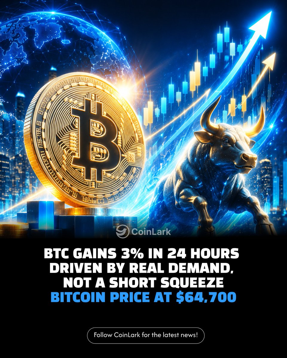 coinlarkcom's tweet photo. 🔥JUST IN: @Bitcoin gains 3% in 24 hours driven by real demand, not a short squeeze.

According to analyst Axel Adler Jr., Bitcoin rose from $62,700 to $64,700 over the past 24 hours, representing an increase of approximately 3.1%.

He stated that the rally was driven by genuine buying demand in the market, rather than a short squeeze. The Taker Buy/Sell Pressure indicator, after remaining in negative territory for several days, has turned positive and is currently at +4.1, signaling a return of buying pressure.