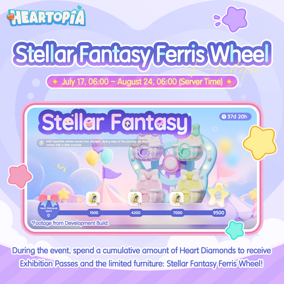 MyHeartopia's tweet photo. 🎡 On July 17, the new limited-time event "Stellar Fantasy" will begin! ✨

During the event, spend a cumulative amount of Heart Diamonds to reach specified milestones and claim extra Exhibition Passes!

Reach the highest milestone to bring home the limited furniture "Stellar Fantasy Ferris Wheel"! 🎁

Let's ride the Ferris wheel together and enjoy the romantic meteor shower in Heartopia! 🌠💫

#heartopia