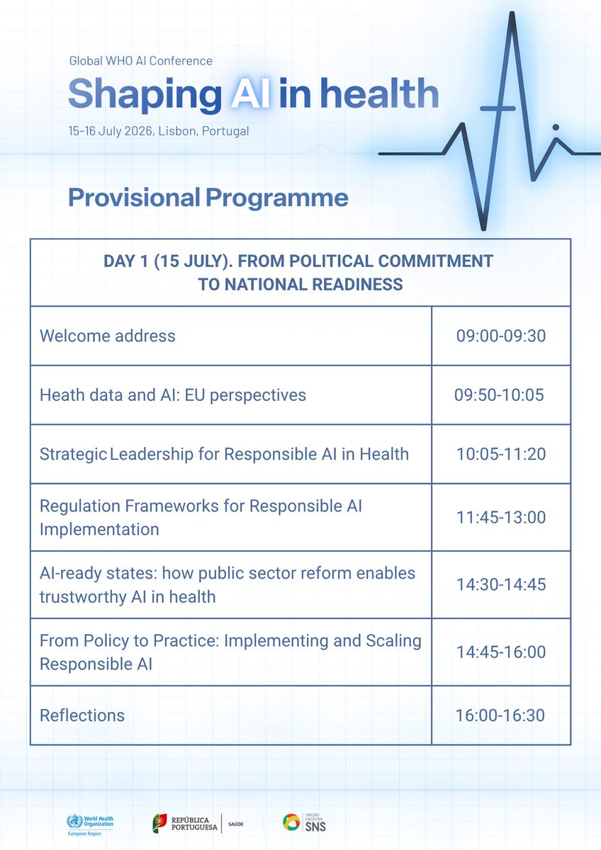 WHO_Europe's tweet photo. 🟣🟣🟣 WATCH LIVE NOW 🟣🟣🟣

The first-ever global @WHO &amp; @saude_pt conference on #AI in health is starting now in Lisbon!

Livestream: https://t.co/MRx7B1mCQG https://t.co/hlMK8Gp0GB