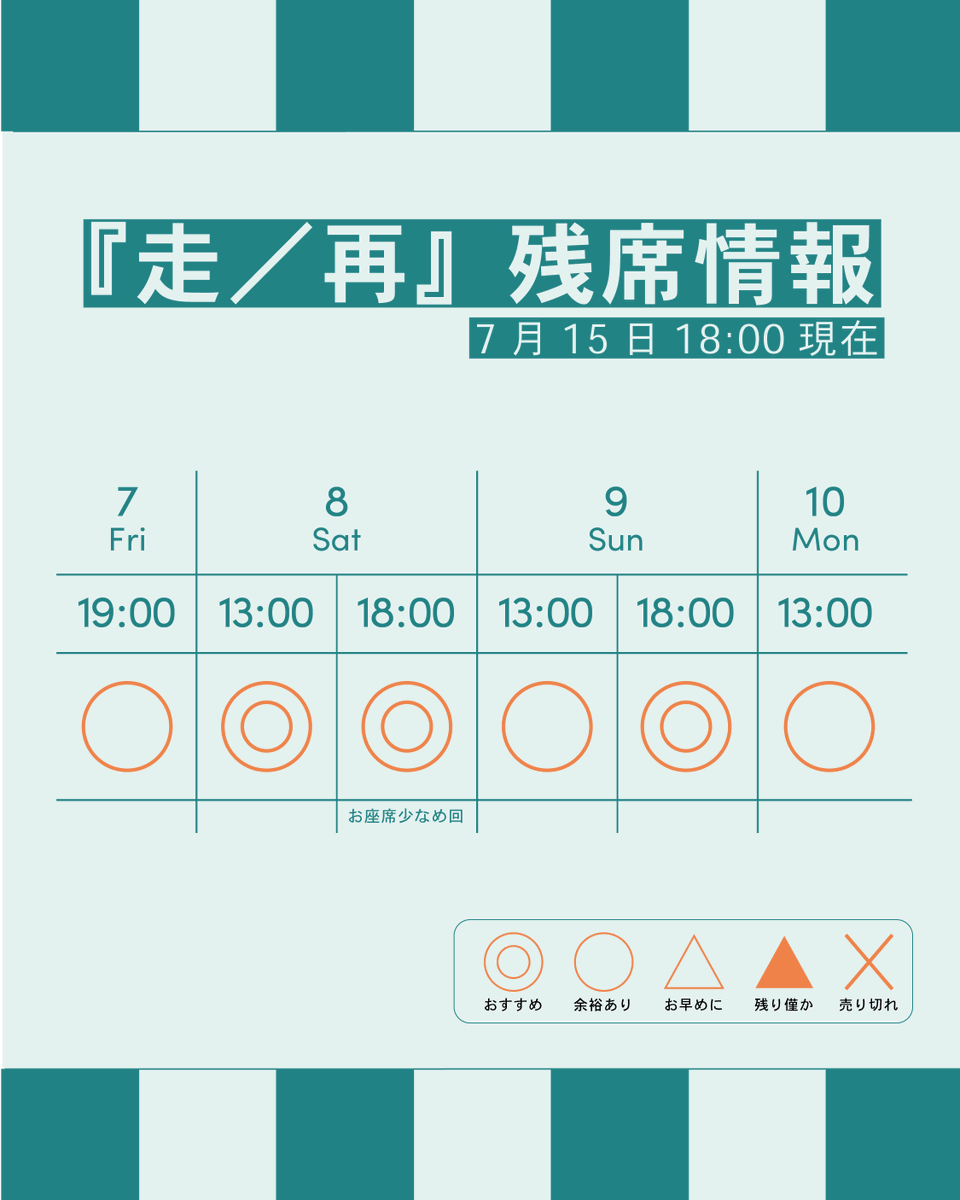 MiniSesameSell's tweet photo. ◤ 残席情報｜0715 ◢
7月15日現在のミニ胡麻うり『走／再』残席情報をお知らせします。

お座席まだまだ沢山ございます💺

ご予約お待ちしております！
🔗https://t.co/6B50zovYUl https://t.co/rDHcrOiEZa