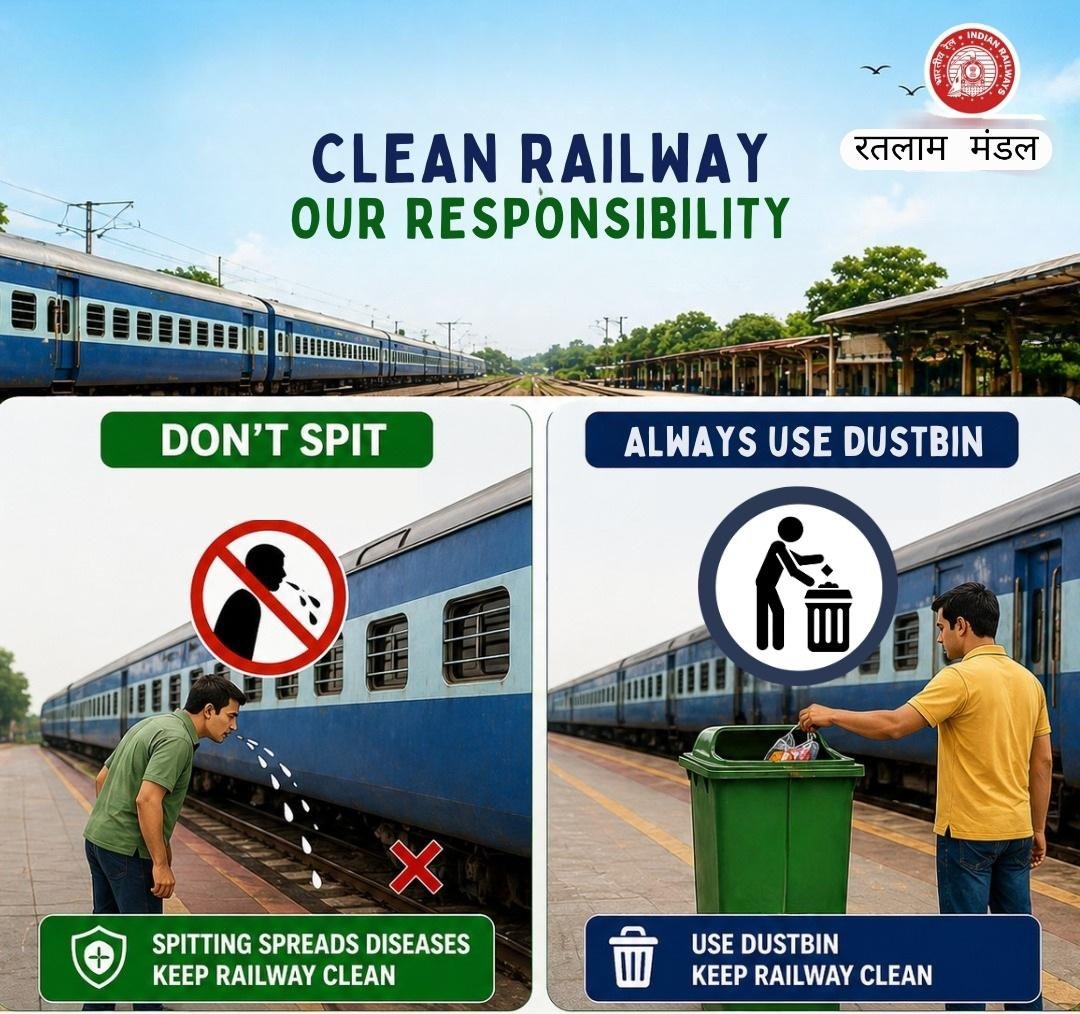 RatlamDRM's tweet photo. Say NO to spitting ❌ and YES to using dustbins 🗑️
Let’s keep our stations hygienic and safe for everyone.
#CleanRailway #RatlamDivision #RailwaySafety #BeResponsible
@WesternRly @RailMinIndia https://t.co/KUtqwhyaSo