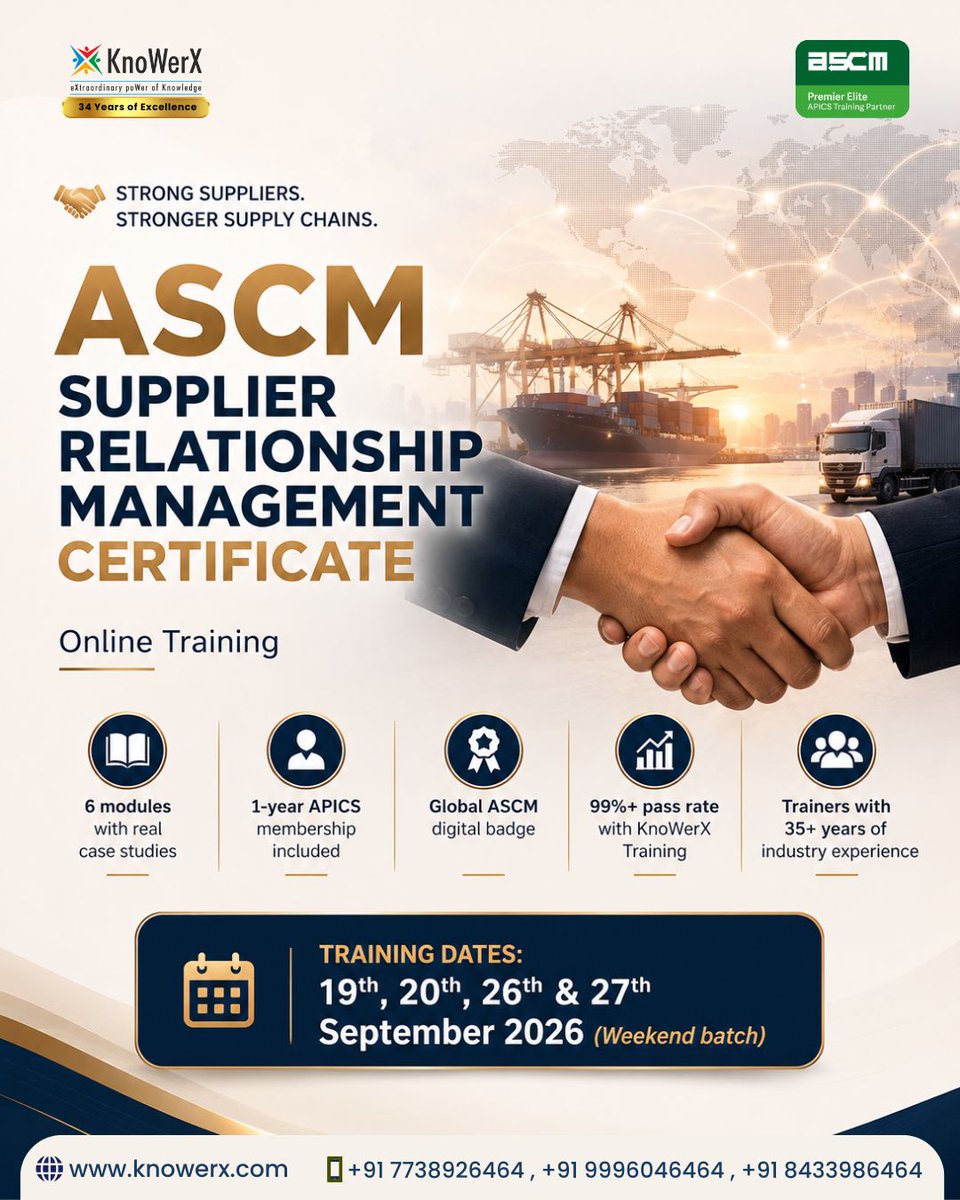 KnoWerX's tweet photo. 🤝 Build stronger supplier partnerships with the ASCM Supplier Relationship Management Certificate.

📅 19–20 &amp; 26–27 Sept 2026

🔗 https://t.co/ZIzEWXlwbr

#ASCM #APICS #SupplyChain #Procurement #KnoWerX https://t.co/kBEKw9dcjJ