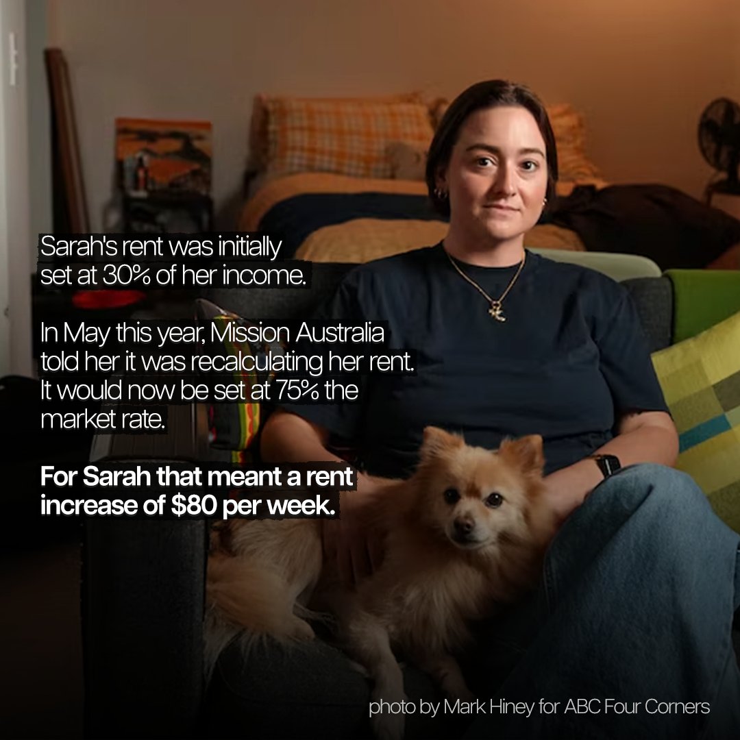 TUNSW's tweet photo. Four Corners just found 'Affordable Housing' is often barely a discount off market rent, often still too expensive for people who need them most. One tenant, Sarah, had her rent quietly changed from income-based to market-based, which suddenly meant an increase of $80 a week. https://t.co/npseWYYnh1