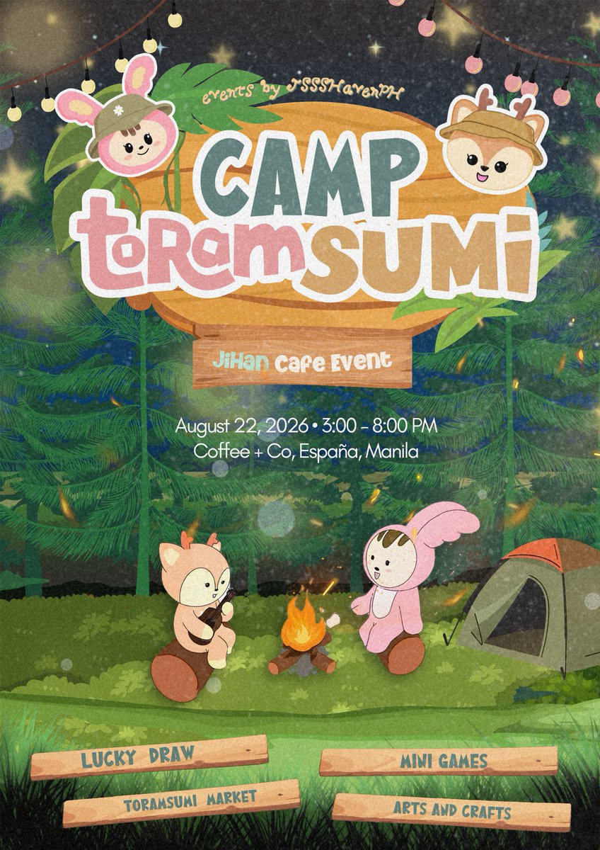 jssshavenph's tweet photo. Camp Toramsumi: A Cafe Event for Joshua & Jeonghan

📅 August 22, 2026, 3-8 PM
📍Coffee + Co, España, Manila

Registration is now open!
🔗: https://t.co/OSJzTWsBck

🍀 Lucky Draw • 🎮 Mini Games • 🛍️ Toramsumi Market • 🎨 Arts & Crafts

#CampToramsumi