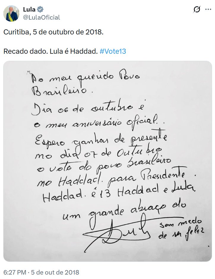 kimpaim's tweet photo. Cartinha do Lula sendo postada no perfil dele nas redes sociais enquanto estava preso. https://t.co/SL6phJR8zl