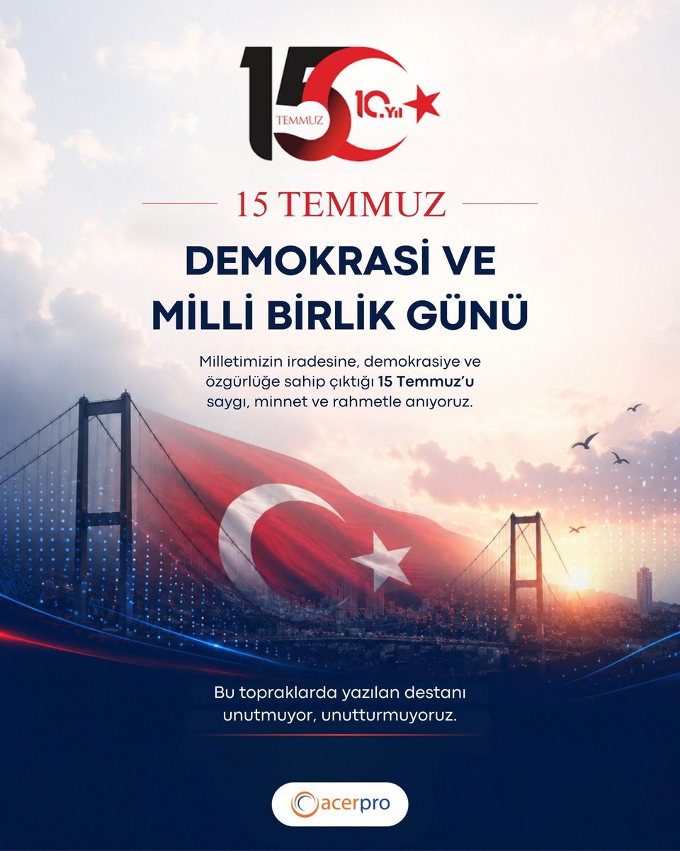 acerprotr's tweet photo. 15 Temmuz, milletimizin demokrasiye, bağımsızlığa ve milli iradeye sahip çıktığı önemli bir dönüm noktasıdır.

Demokrasi uğruna mücadele eden tüm kahramanlarımızı saygı, minnet ve rahmetle anıyor; birlik ve beraberliğimizin daim olmasını diliyoruz. 🇹🇷

#DemokrasiVeMilliBirlikGünü https://t.co/qH9Y8z9kJp