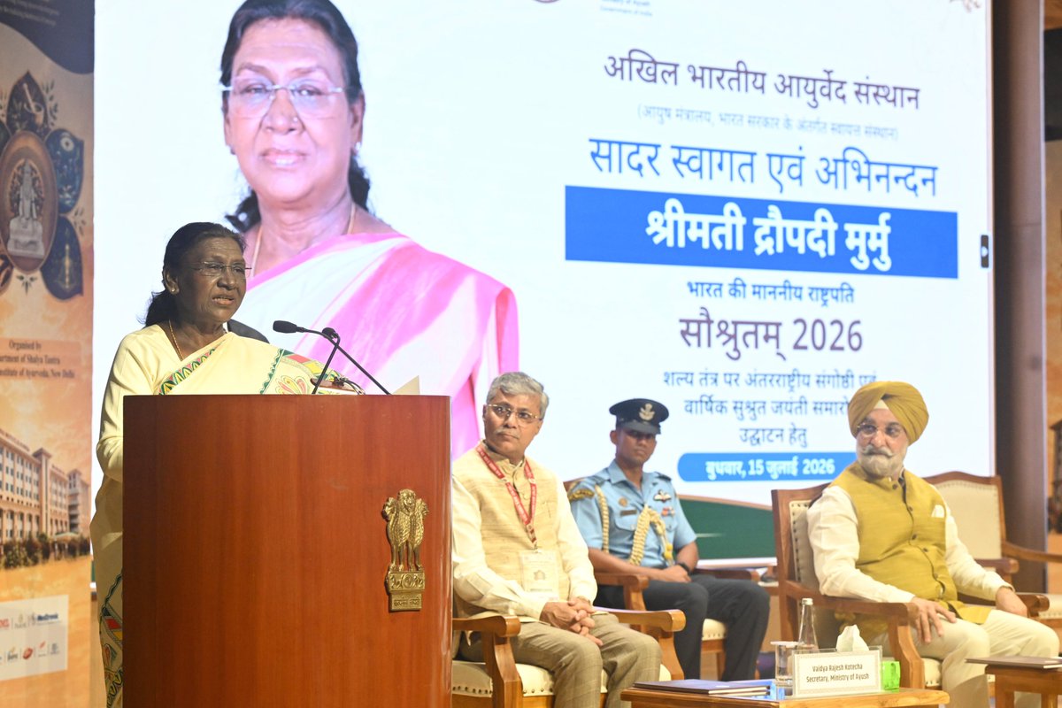 rashtrapatibhvn's tweet photo. President Droupadi Murmu inaugurated 'Saushrutam 2026' in New Delhi on Sushruta Jayanti. The President said that when Acharya Sushruta pioneered the practice of surgery centuries ago, it was nothing short of a revolution for its time. She expressed confidence that deliberations at this international seminar will produce new knowledge and further strengthen international cooperation in the field of Ayurvedic surgery.