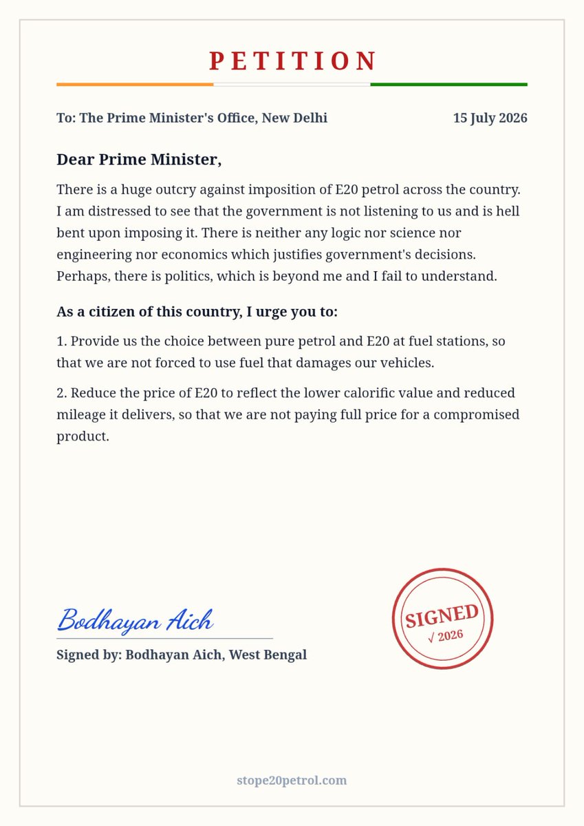 bodhayan_aich's tweet photo. I just signed this citizens' petition requesting that standard petrol continue to remain available alongside E20.
If you believe consumers should have the freedom to choose the right fuel for their vehicle, please take 30 secs to read and sign: https://t.co/J7eYds2iXV

#Ethanol https://t.co/QSJqzVBS01