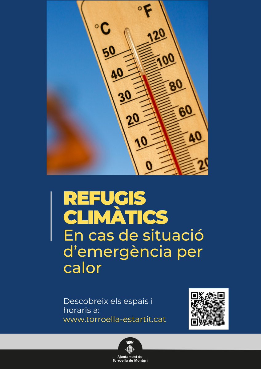 AjTorroella's tweet photo. 🌡️ Avís per calor: recordeu que teniu a la vostra disposició la xarxa de refugis climàtics de Torroella de Montgrí i l'Estartit.
👉 Més informació: https://t.co/GsxeAzciOv
#SomTorroella #SomlEstartit #RefugisClimàtics #OnadadeCalor #SalutPública https://t.co/7EQ30wzRxq