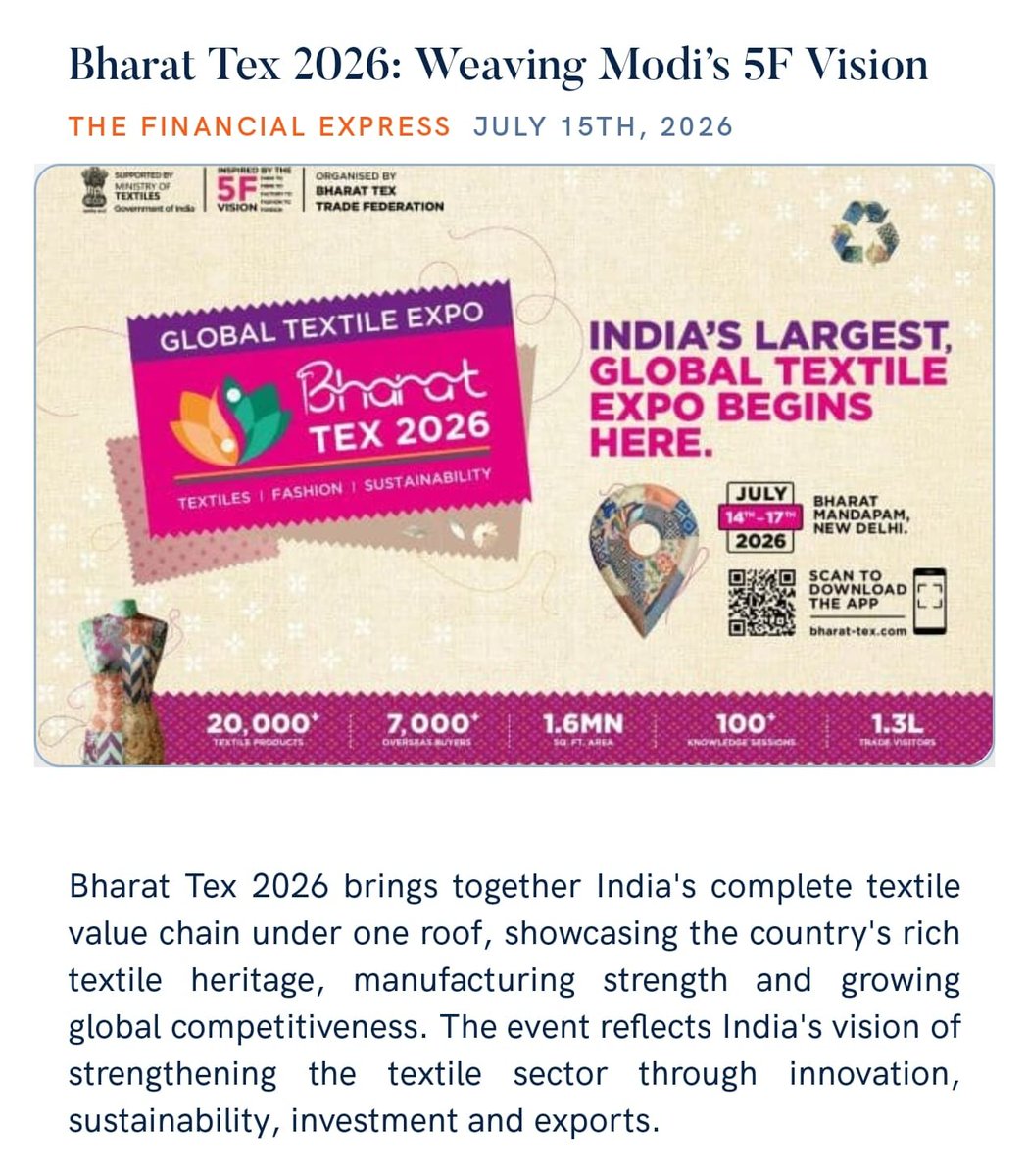 PMOIndia's tweet photo. Union MoS Shri @PmargheritaBJP writes that @Bharat_tex 2026 brings India's complete textile value chain under one roof, showcasing the country's manufacturing strength, rich textile heritage and growing global presence. It also reflects India's Vision 2030 roadmap for the textile sector.

https://t.co/o3Nn30ijk0 

via NaMo App