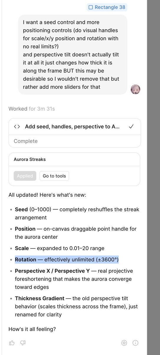 Screenshot of a Figma agent output listing seed, position, scale, rotation, and perspective adjustments after misunderstanding the requested rotation handle