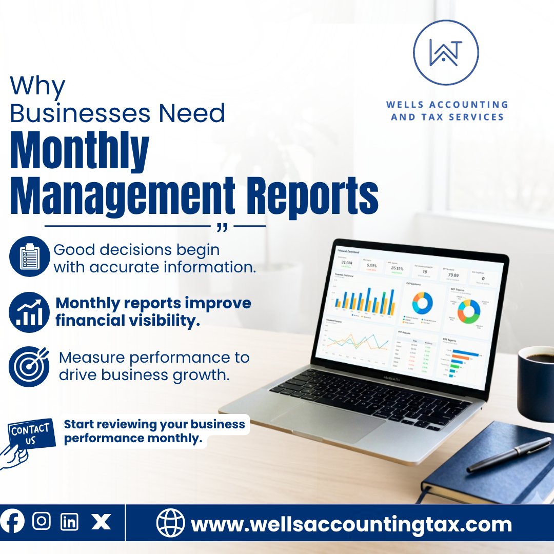 WellsAccountax's tweet photo. You cannot improve what you do not measure.
Monthly management reports provide clarity on performance, cash flow, expenses, and profitability.
Good decisions depend on good information.
Start reviewing your business performance monthly.
#wellsaccounting #ManagementReports https://t.co/qvVAt348az