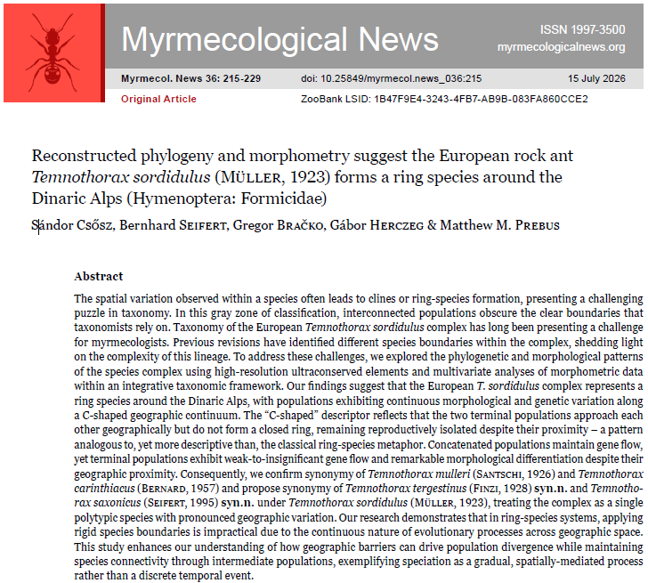 MyrmecolNews's tweet photo. 🆕Article: Reconstructed phylogeny and morphometry suggest the European rock ant Temnothorax sordidulus (Müller, 1923) forms a ring species around the Dinaric Alps (Hymenoptera: Formicidae).
Csősz, S., Seifert, B., Bračko, G., Herczeg, G. &amp; Prebus, M.M.
https://t.co/hQ22B6JguR https://t.co/dbpyzkJfa6