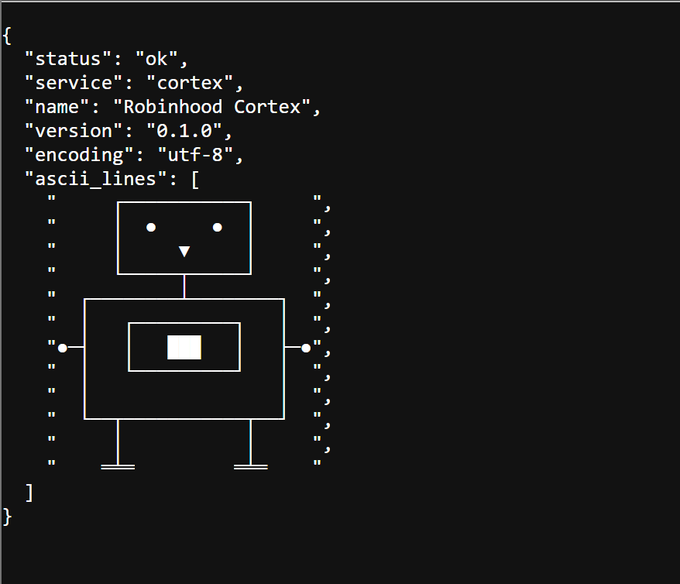 Cryptoguyonsoll's tweet photo. 13 hours of endpoint enumeration finally paid off. 
I tracked down a meow-6:native style easter egg tied to the endpoints of Robinhood Cortex, the official AI assistant for the app. 

Instead of a standard JSON object, it serves also a raw ASCII art response. 
The AI finally has a face, and more importantly, we finally have a face to meme. Meet Robinhood Cortex. LINK: https://t.co/J51v0POGWc