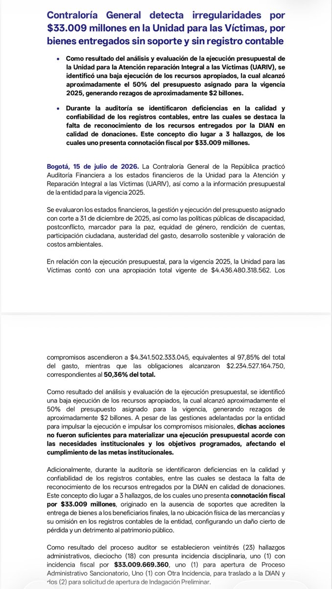 ricarospina's tweet photo. Atentos: La @CGR_Colombia detectó irregularidades por más de 33 mil millones de pesos en la Unidad de Víctimas. Vía @BluRadioCo https://t.co/gdylfiL9Te
