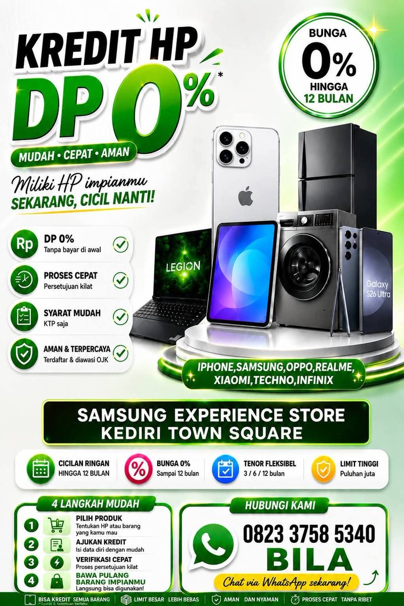 windongyang's tweet photo. Bagi yang butuh kredit HP/Laptop area Kediri
DP Rp0 ,bunga ringan,free 1-2 xcicilan (s&amp;k berlaku)
📍Samsung&amp;erafone Kediri Town Square
SYARAT
KTP ASLI
Usia 19-65 tahun
Berpenghasilan/bekerja
Berkomitmen bayar setiap bulan https://t.co/PUkEpa6oMs