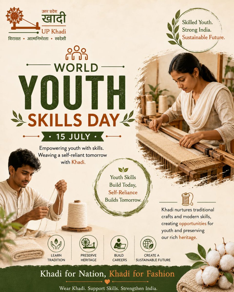 UPkhadilyfstyle's tweet photo. Empowering hands. Inspiring futures. 
Every skill learned today becomes a step towards a stronger tomorrow. This World Youth Skills Day, let's celebrate the young artisans who are preserving the timeless legacy of Khadi while shaping a future built on creativity &amp; self-reliance. https://t.co/R4BrXW8B0a