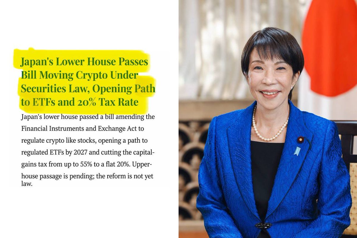 AshCrypto's tweet photo. BREAKING: 🇯🇵 Japan has officially passed a bill to legalize Bitcoin and crypto ETFs, and now on a path to reduce crypto taxes from 55% to 20%.

World’s 4th-largest economy is betting big on crypto. https://t.co/OzwjNRZjZ4