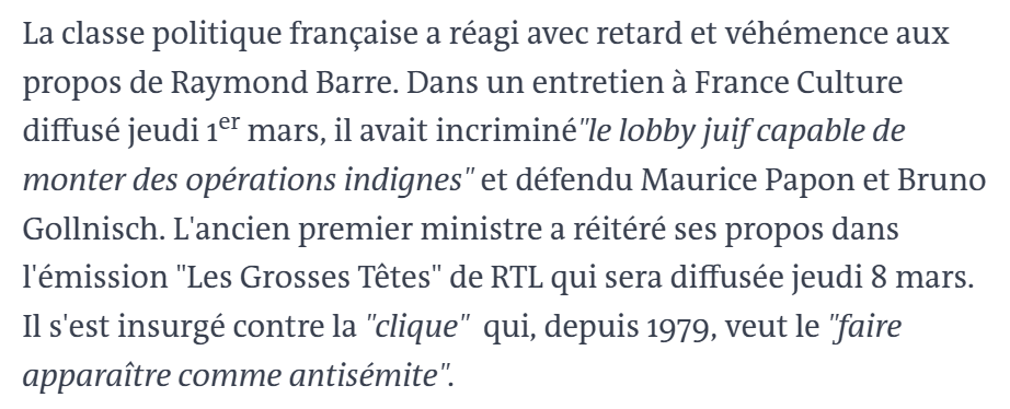 HadrienClouet's tweet photo. Premier dirigeant politique nommé dont il se revendique : Raymond Barre, évadé fiscal aux propos antisémites, défenseur de Maurice Papon.

Un grand défenseur des droits (des collabos). https://t.co/gfzCKj3Ltk