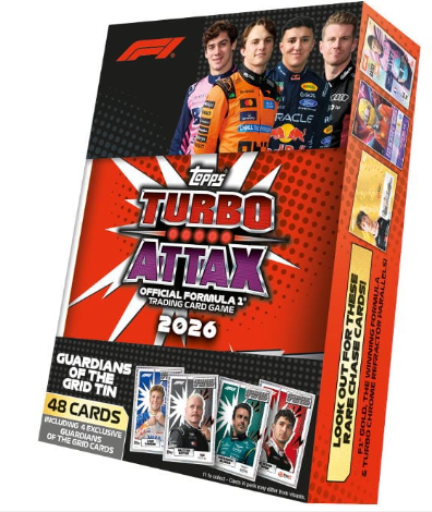 FootballStuffTV's tweet photo. First Pictures!

The new Topps Turbo Attax Formula 1 (F1) 2026 trading card collection is set to be released very soon! 🚗

Below are photos of the tins, full box and starter pack! 

Will you be collecting this set? https://t.co/pMJFokMkMT