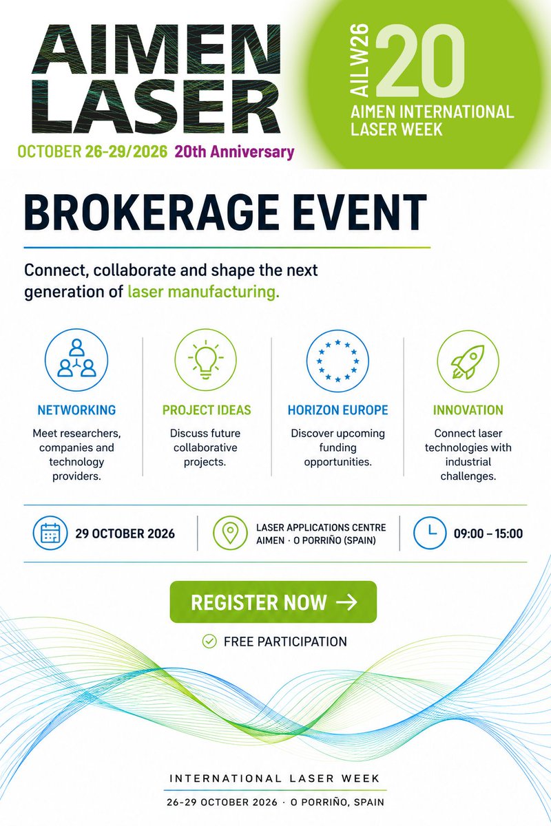 aimenct's tweet photo. 🤝Looking for new R&amp;D partners in laser manufacturing?

Join the Brokerage Event at #AIMENLASER2026 and connect with researchers, companies and technology providers while exploring upcoming #HorizonEurope opportunities.

📅 29 Oct 2026
✅ Free registration
https://t.co/dZ7ymSc5pl https://t.co/DAcAi2ryuN