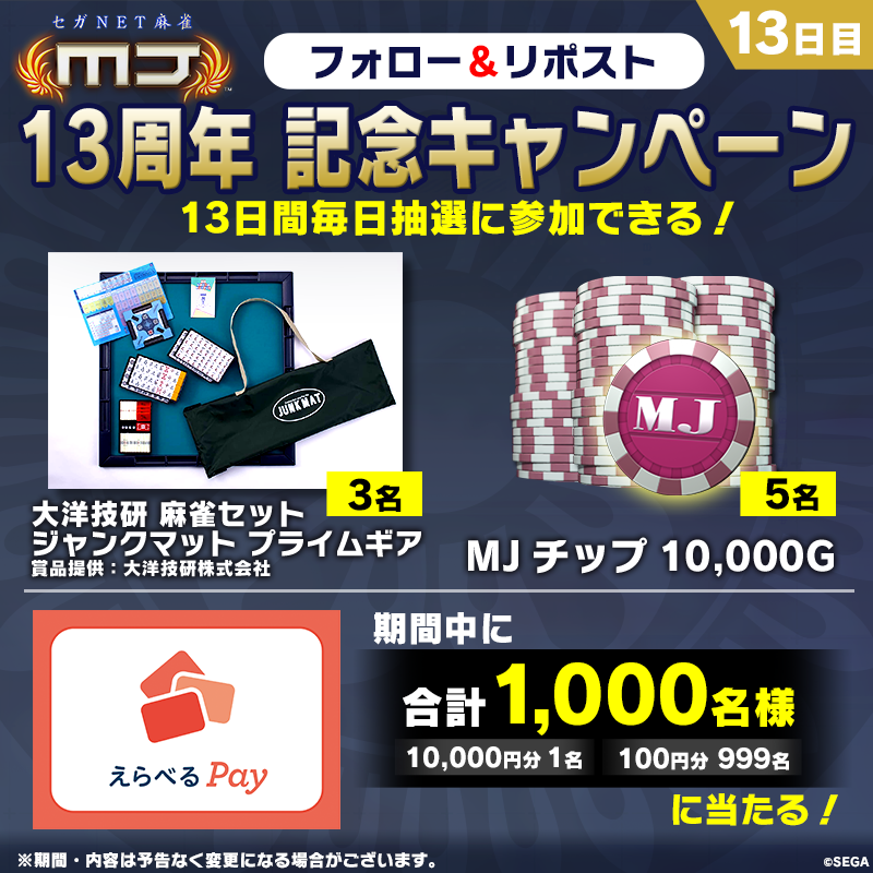 sega_MJ's tweet photo. 🎉 #MJ13周年 🎉 
【記念キャンペーン13日目】
 
えらべるPay、麻雀グッズ、 ゲームアイテム いずれかが期間中に抽選で当たる🎁

参加方法
① @sega_MJ をフォロー
② この投稿をリポスト
③ ゲーム内バナーから結果確認
 
#麻雀MJ