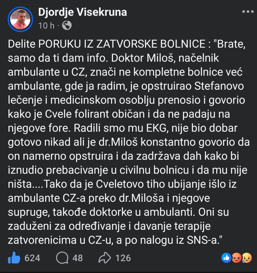 DzoniBluPinter's tweet photo. Delite PORUKU IZ ZATVORSKE BOLNICE : "Brate, samo da ti dam info. Doktor Miloš, načelnik ambulante u CZ, znači ne kompletne bolnice već ambulante, gde ja radim, je opstruirao Stefanovo lečenje i medicinskom osoblju prenosio i govorio kako je Cvele folirant običan https://t.co/cfSI5ZYuS6