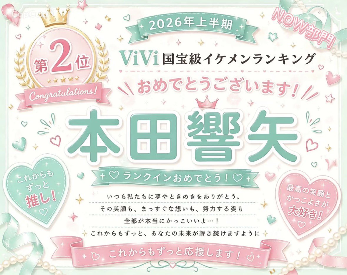 Ak23_Ky620's tweet photo. #本田響矢 くんViVi国宝級イケメンランキング2026  NOW部門2位

おめでとーー✧*｡(◍˃̵ᗜ˂̵◍)ॱ◌̥*⃝̣ ⋆

毎回注目度が高くて、人気アイドルグループの方や、俳優さん達が沢山いる中で2回続けて上位にランクインなんてホント凄い結果だね🤍

次回は１位を目指して👑

#ViVi国宝級イケメンランキング https://t.co/x1szYbSqzb