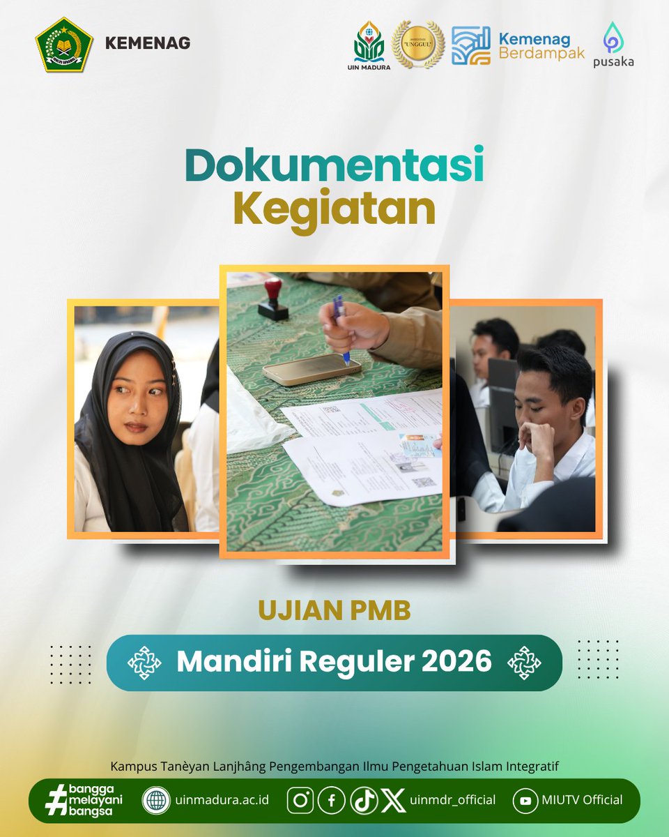 uinmdr_official's tweet photo. Hari ini, calon mahasiswa baru sedang berjuang memberikan yang terbaik dalam Ujian PMB Jalur Mandiri Reguler UIN Madura 2026. Tetap semangat dan pantau terus informasinya melalui akun resmi kami 🌐https://t.co/4Rp4JT9szq 
#UINMadura #PMBUINMadura  #PMB2026 #JalurMandiri https://t.co/79Q5aTwOBY