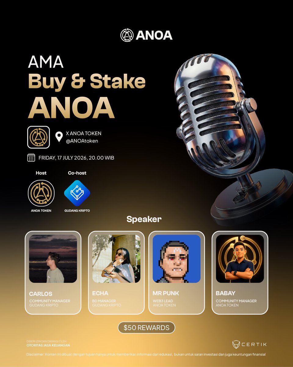 ANOAtoken's tweet photo. 👀 Masih bingung cara beli dan stake ANOA?

Daripada nebak-nebak, mending langsung tanya tim anoa dan tim @GudangKripto_ID 🤩

📅 Jumat, 17 Juli 2026 | 20.00 WIB
📍 X Space @ANOAtoken

Bahas semuanya mulai dari cara buy, stake, utility ANOA, sampai roadmap ke depan. 

Selain itu, ada total hadiah 50$ juga nih buat yang ikutan AMA! Dan hadiah FCFS untuk 200 orang yang screenshot ikutan AMA & submit di gform 🤩 

Yuk tulis pertanyaan yang ingin kamu bahas di kolom komentar dan jangan sampai ketinggalan!👇🏻

#ANOA #ANOAtoken #AMA #Web3 #Crypto