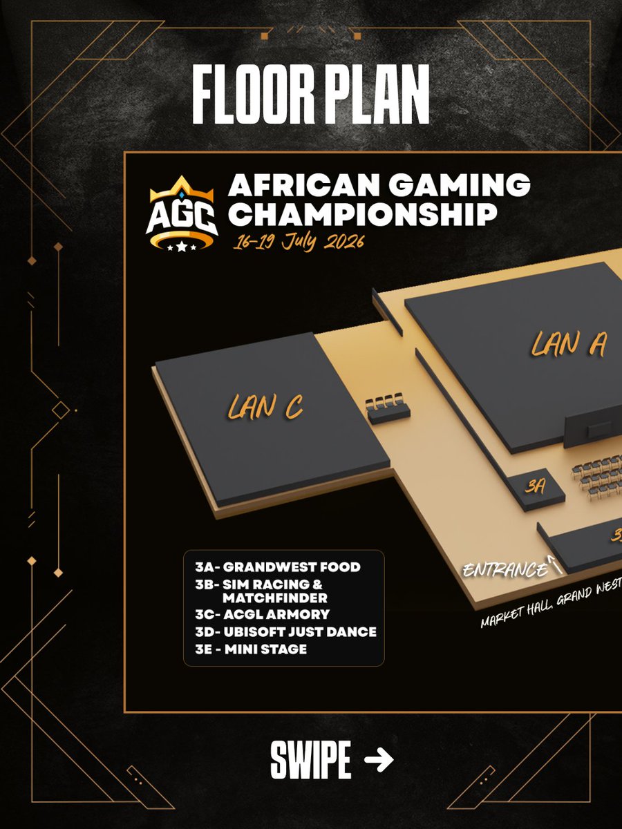 AfricanGaming's tweet photo. AGC is taking over Grand West 👑
and every section is built for action 💪

🍔 fuel up in the food court 
🏎‍🟀 race your way down the track 
🕺 show off your dance moves 
🛡️grab your merch in the armoury 
🎤feel the energy that the casters bring 

📍16 - 19 July 2026 | Market Hall, Grand West

Check the layouts, plan your route and lock in with your squad for the ultimate gaming weekend 🎮

#AGC26 #AfricanGaming #GrandWestGaming