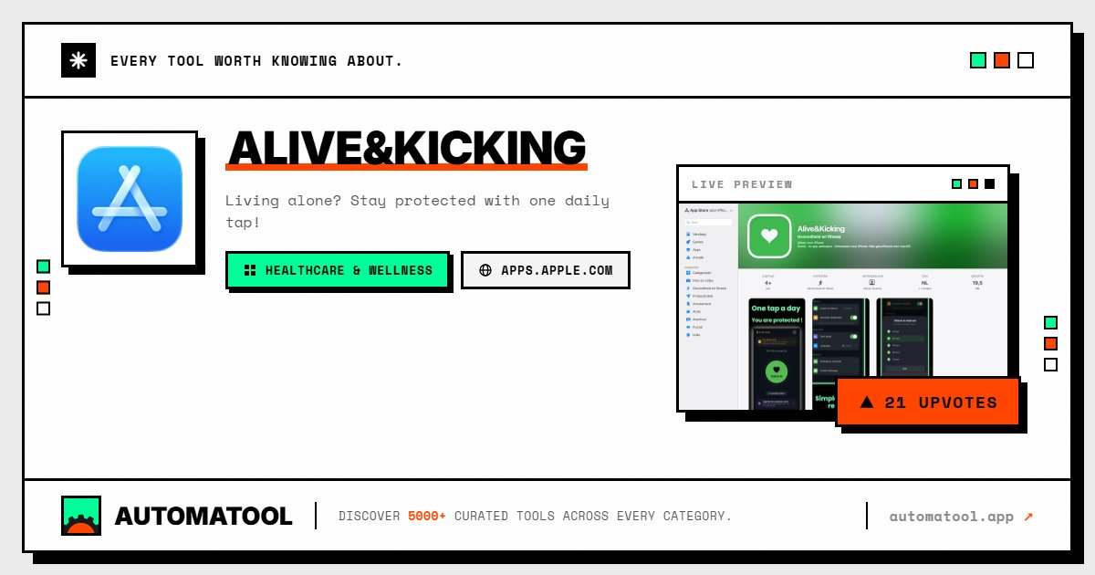 automatool_app's tweet photo. Live alone? Alive&Kicking keeps it simple: tap a green heart every 12-72 hours to say you're OK. Miss a check-in and one email goes to trusted contacts. No personal data, no location tracking.
#Safety #Privacy #AgingInPlace https://t.co/EB78pM07SL