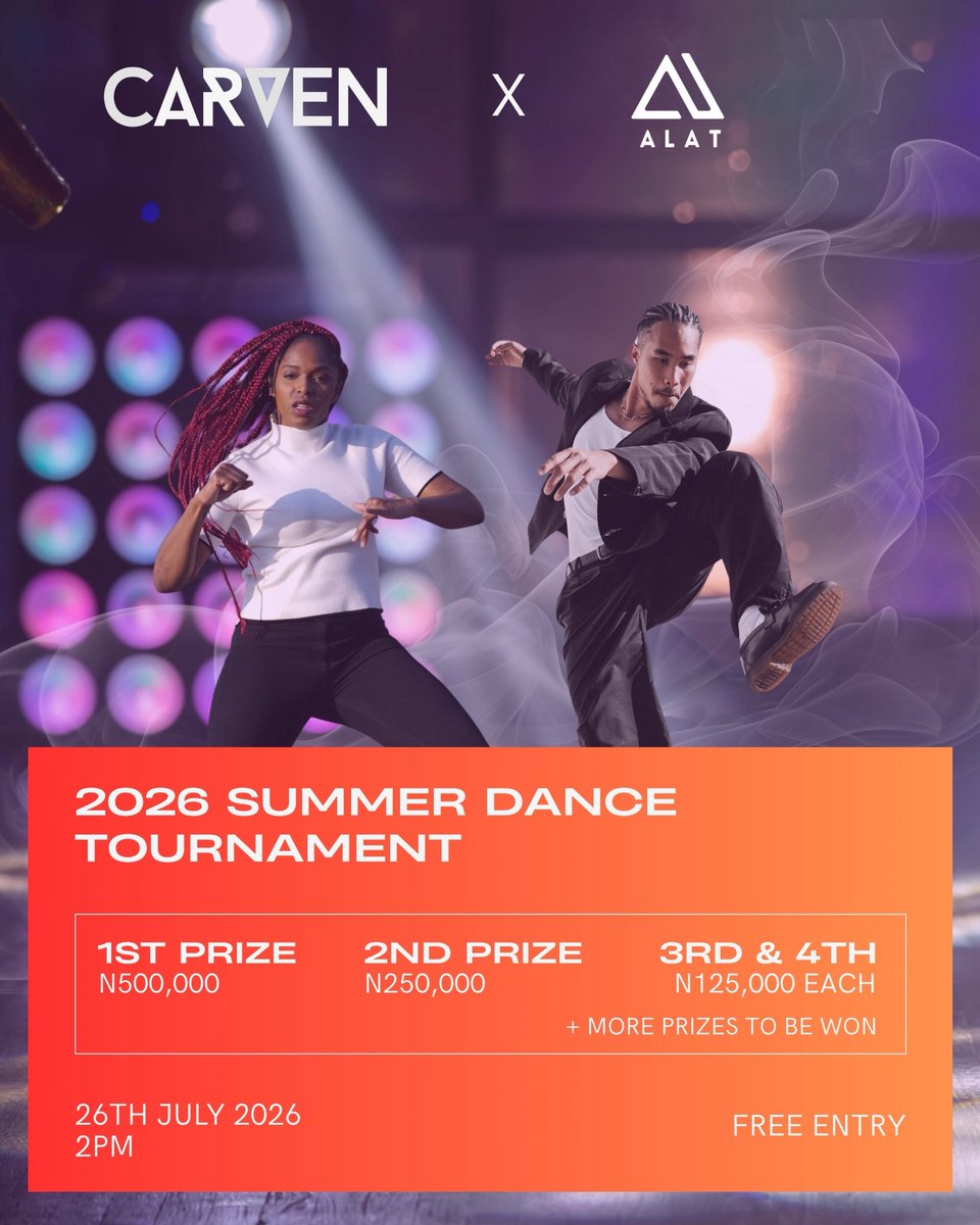 carvenarena's tweet photo. The CARVEN ร ALAT Summer Dance Tournament is on.
The top 20 nationwide will compete live on Just Dance at the Grand Finale on July 26, 2026.
๐Landmark Boulevard, Plot 3&4 Water Corporation Drive, VI, Lagos
#CarvenArena #ALATng #SummerDance26 #JustDance https://t.co/OhCWqSRhEN
