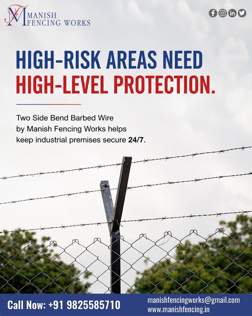 manishfencing's tweet photo. 🚧 High-risk areas need high-level protection. 🔒

Manish Fencing Works delivers heavy-duty Two Side Bend Barbed Wire for 24/7 perimeter security.

📞 +91 9825585710 
🌐 https://t.co/vD38QmYPne 

#BarbedWire #ManishFencingWorks #Ahmedabad #IndustrialSecurity #PropertySecurity https://t.co/VzTvkQ0HUT