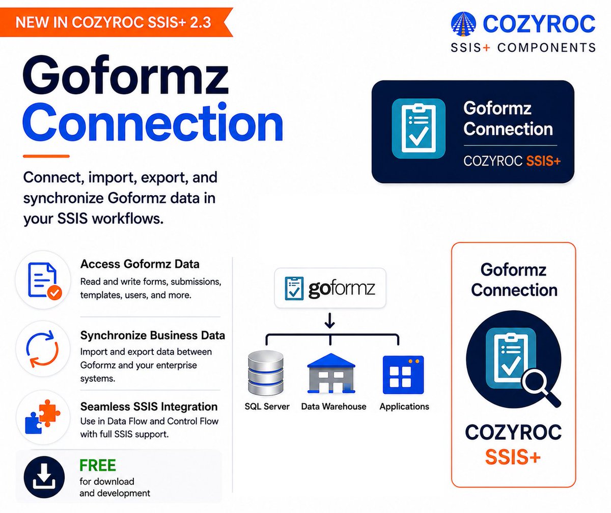 CozyRoc's tweet photo. Introducing the Goformz Connection in #COZYROC SSIS+ 2.3 https://t.co/lwFULNTUI5
➡️ Build integrations with Goformz service
➡️ Connect, import, export data
➡️ Integrate with SQL Server
✅ Free for download and development
#ETL #SSIS #Goformz #SQLServer #DataIntegration @goformz https://t.co/eoli0cKEPP