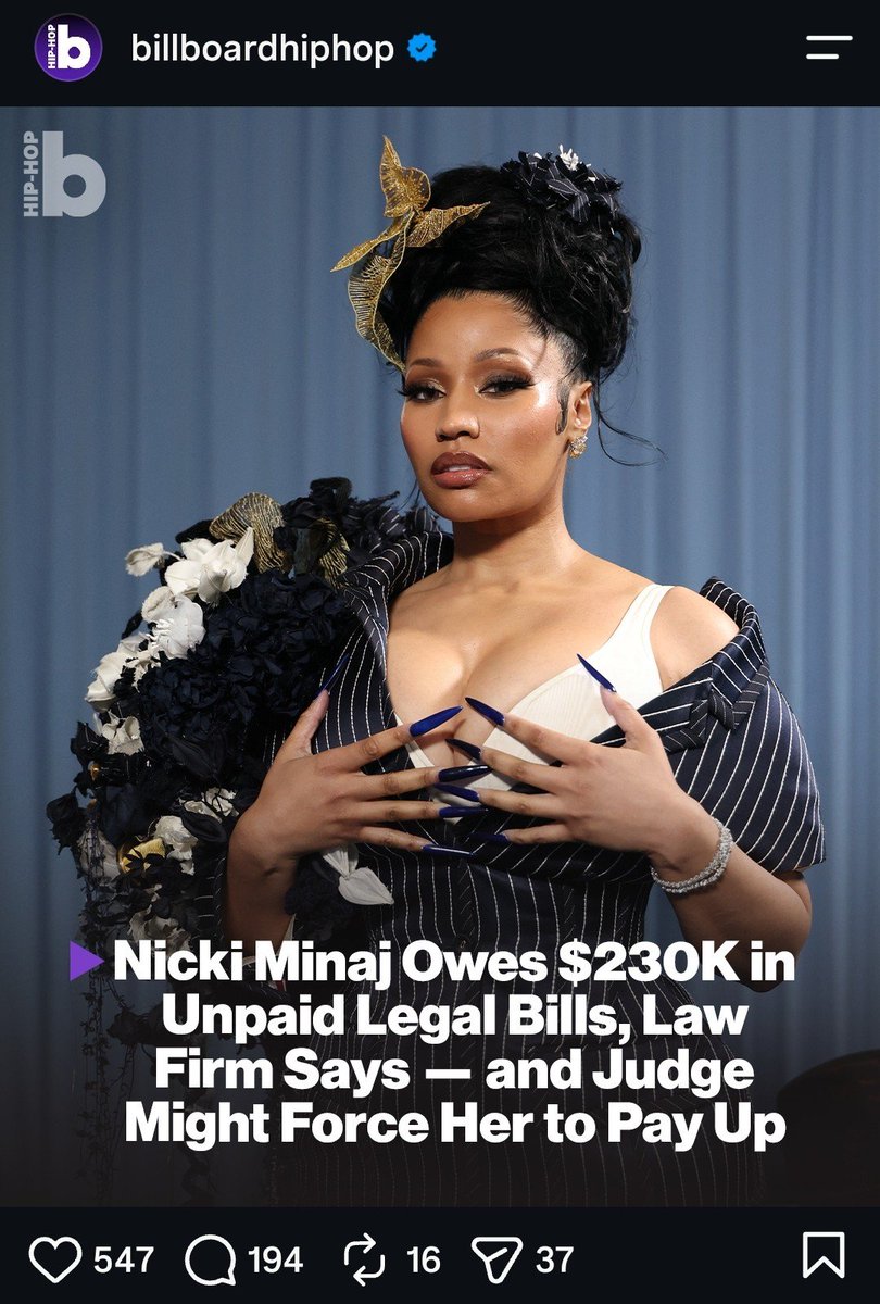 Shvdabarb's tweet photo. Billboard really turned into the Shade Room with these Nicki “$230k legal bills” headlines. Numbers changing every post (was 220k yesterday?).
When did y’all become gossip blogs on a weekly basis? Comments are dragging y’all too — people are tired of the obsession https://t.co/Rv5GNUONJS